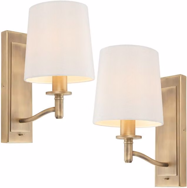 Loops 2 Pack Dimmable LED Wall Lights in Antique Brass and White Fabric – 1