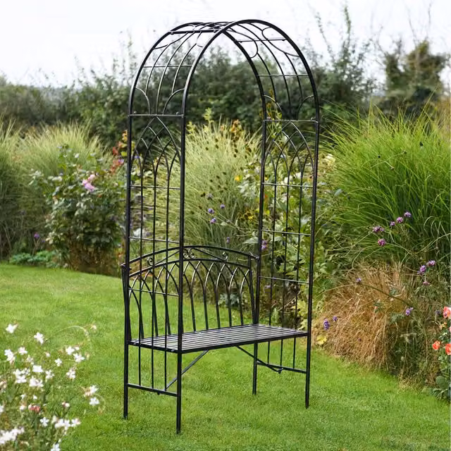 Garden Gear Classic Wrought Iron Garden Arch with Bench in Matt Black