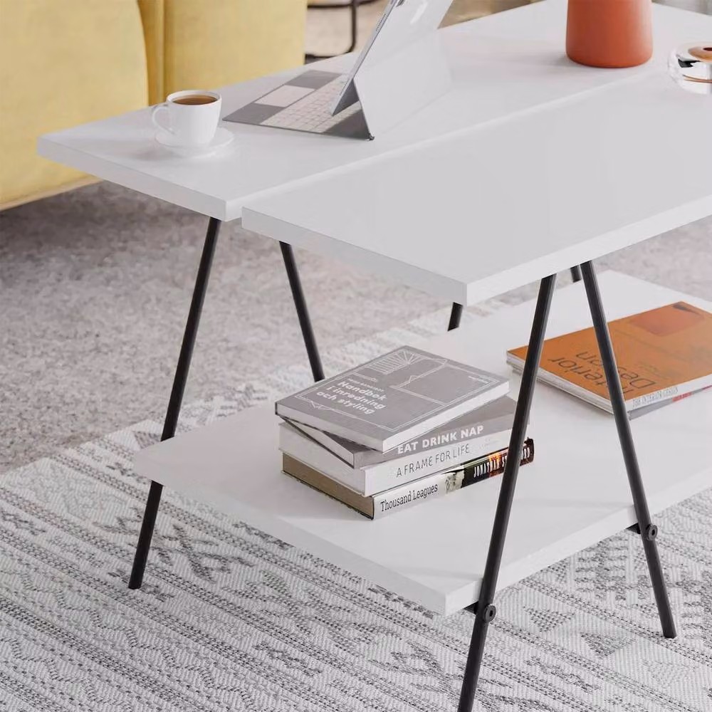 ERGOVEXA 2-Tier White Painted Coffee Table with Black Metal Frame – 2