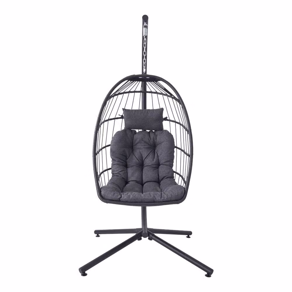 Living and Home Egg-Shaped Hanging Lounge Chair with Cushions and Headrest in Black – 7
