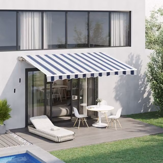 Outsunny Manual Wall-Mounted Garden Awning Canopy with Folding Arms, Blue and White Striped, W: 250 cm, D: 200 cm