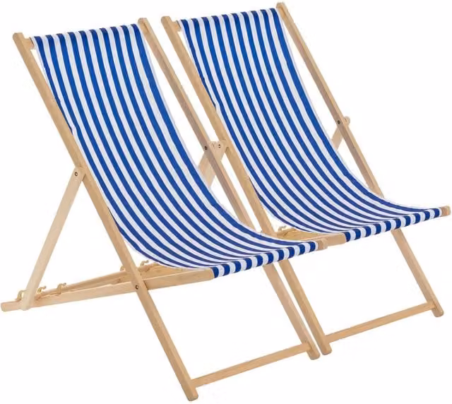 Harbour Housewares Set of 2 Blue Wooden Folding Garden Sun Lounger Deck Chairs