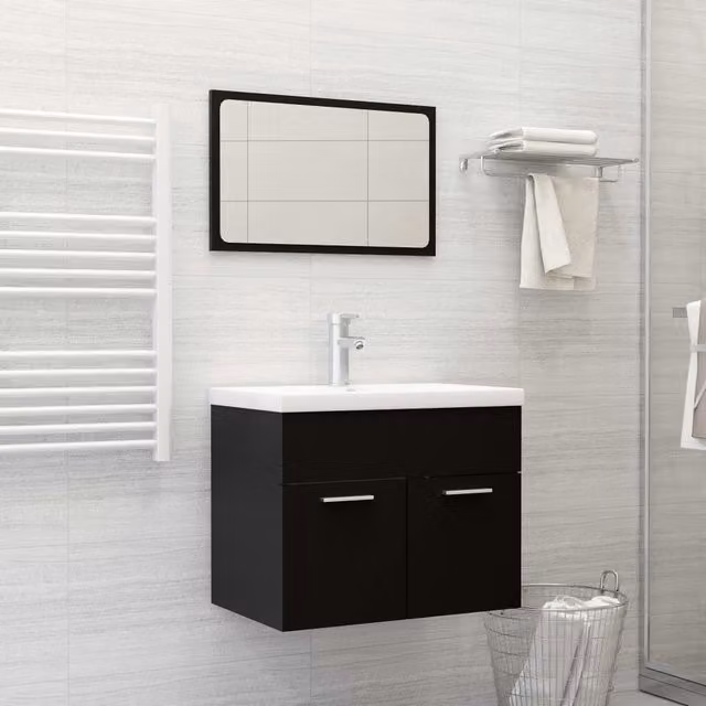 Berkfield Home Modern Black Bathroom Furniture Set with Vanity Unit and Mirror Cabinet – 1