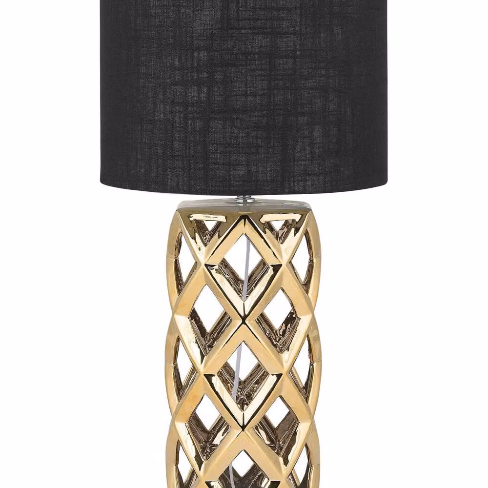 Wyld and Coco Modern Table Lamp with Gold Ceramic Base and Black Fabric Drum Shade – 2