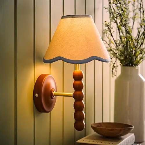 ValueLights Bobbins Walnut Bobble Wall Light with Blue Linen Fabric Shade and Bulb – 2