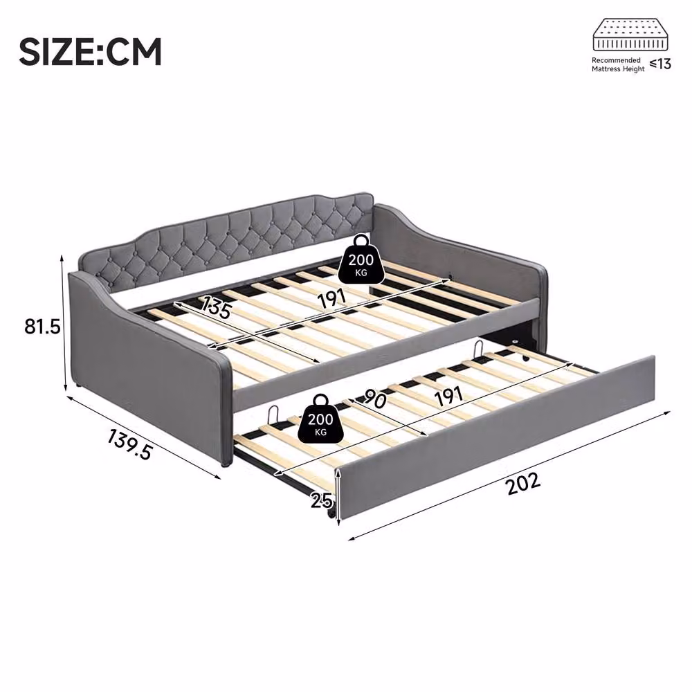 Merax Grey Velvet Upholstered Double Daybed with Pull-Out Trundle Bed, W/D/H: 140 x 200 cm – 2