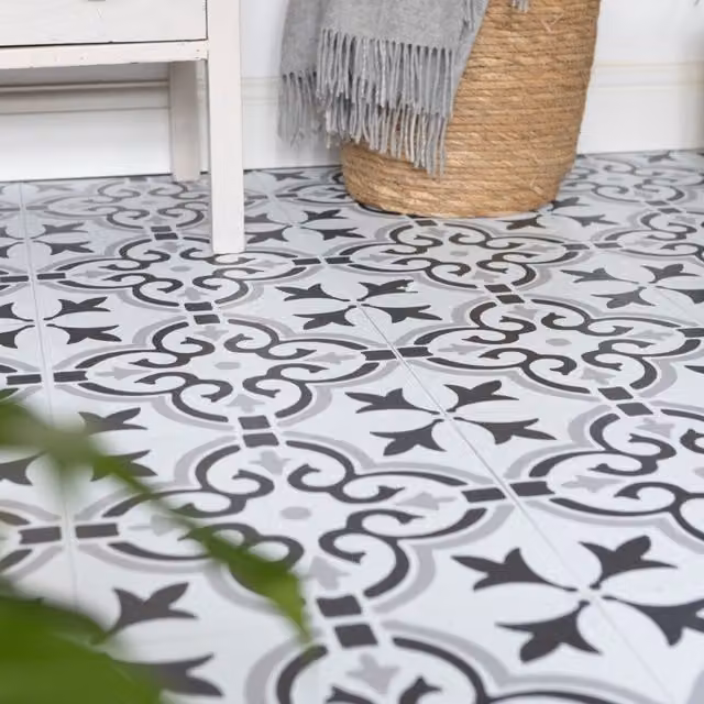 d-c-fix Stencil Motif Grey Self-adhesive Vinyl Floor Tiles, W/D: 30.48 x 30.48 cm