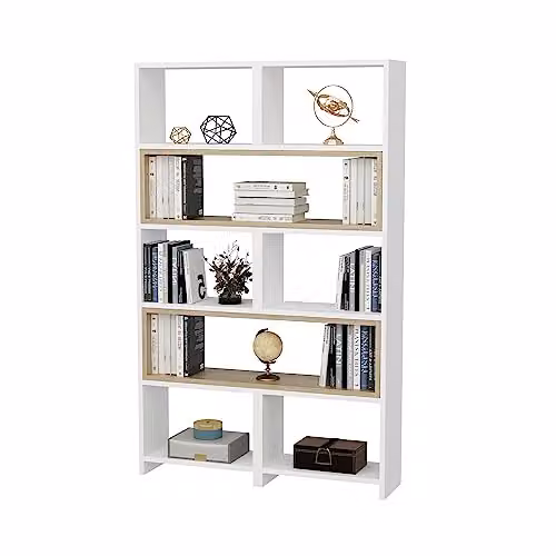 DECOROTIKA Poyraz 5-tier Bookcase Shelving Unit in White and Oak, H 165 x W 22 x D 25 cm – 4