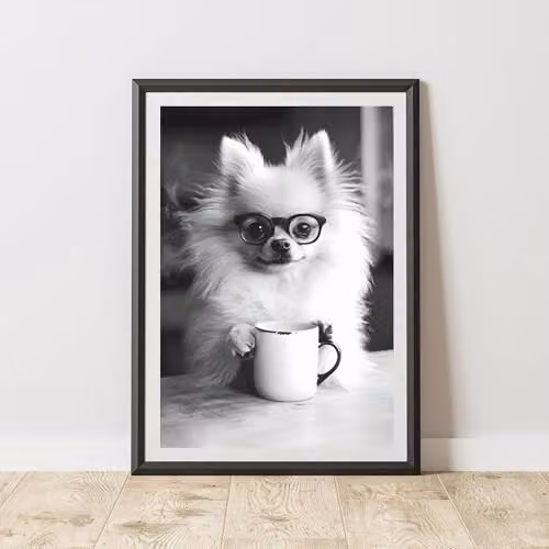 60 Second Makeover Funny Pomeranian Drinking Coffee Paper Poster, A4, Multicolour