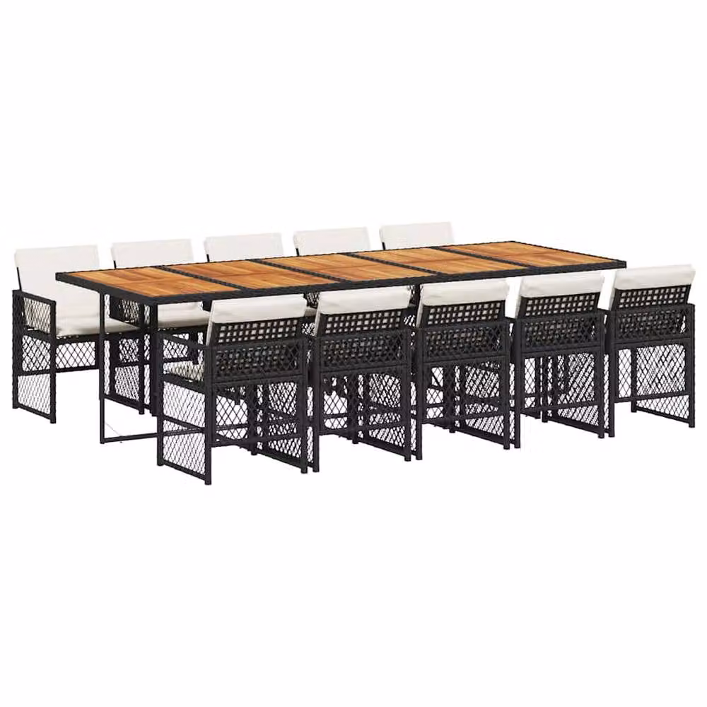 Berkfield Home 11 Piece Black Poly Rattan Garden Dining Set with Acacia Wood and Cushions – 2