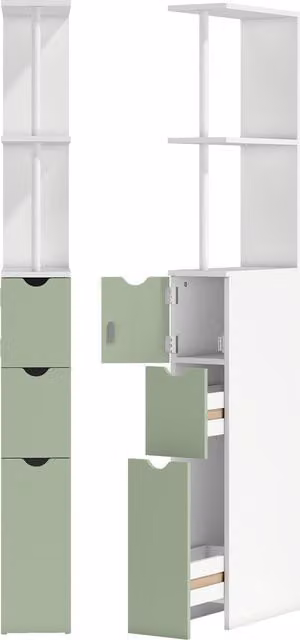 HOMCOM Slim Bathroom Storage Cabinet with 2-Tier Shelf and 2 Drawers, White and Light Green – 1