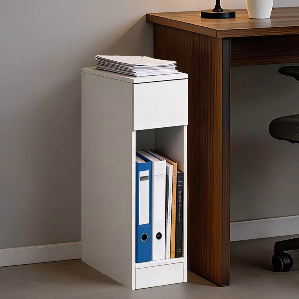 Levede Narrow Slim Bedside Table Cabinet with Drawer and Open Shelf in White – 2
