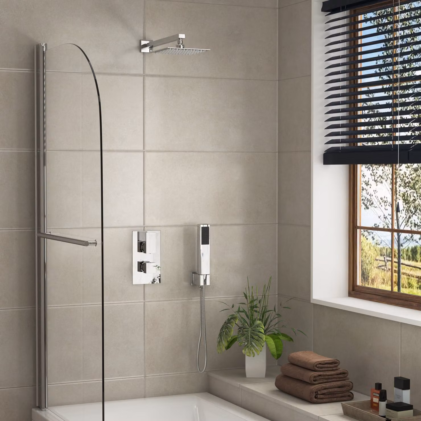 Royal Bathrooms Elegance Square Thermostatic Diverter Shower Mixer Set with Handset and Wall Mounted Arm in Chrome