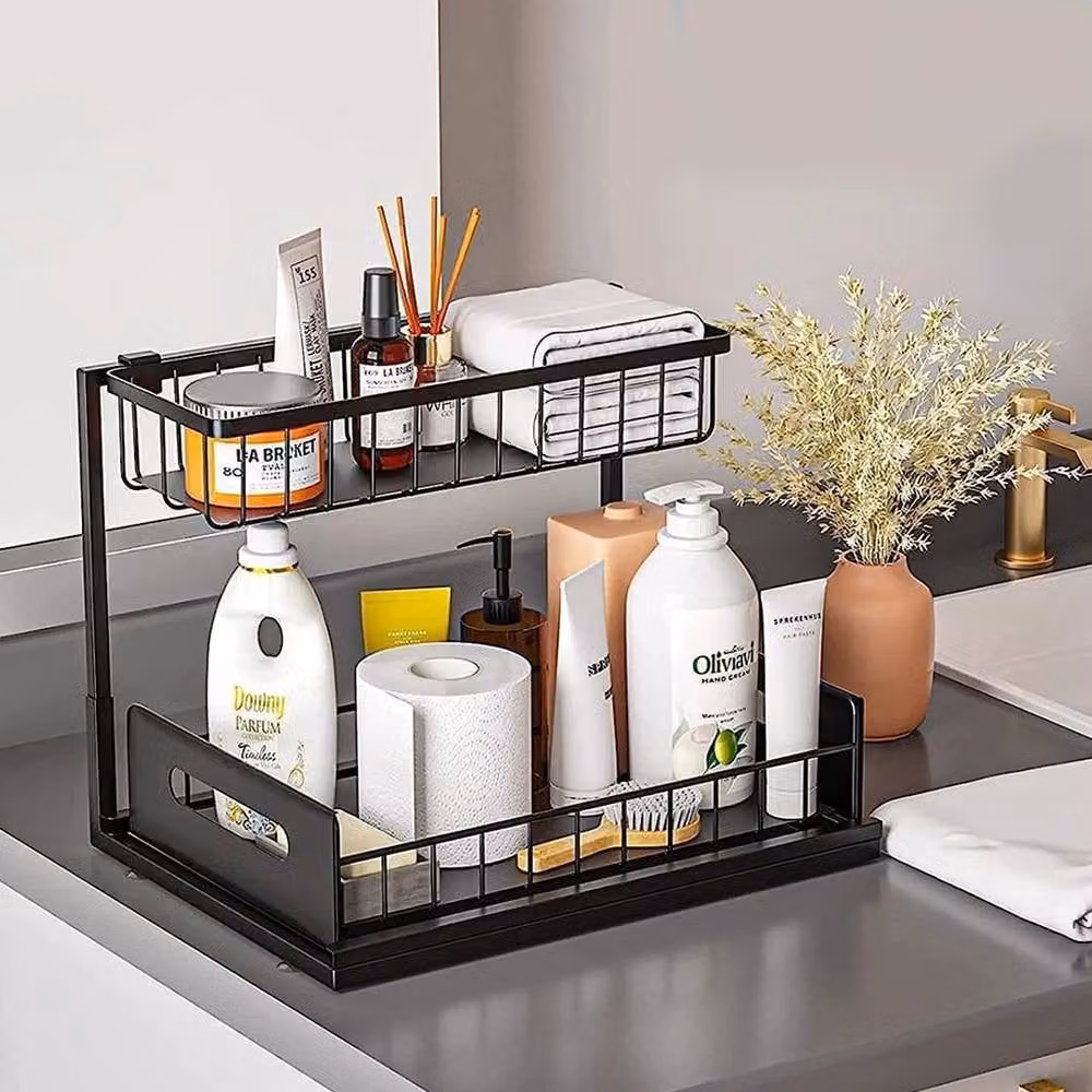 EONLION Black 2 Tier Metal Pull Out Basket Kitchen Under Sink Cupboard Organiser, Width: 100 cm – 3