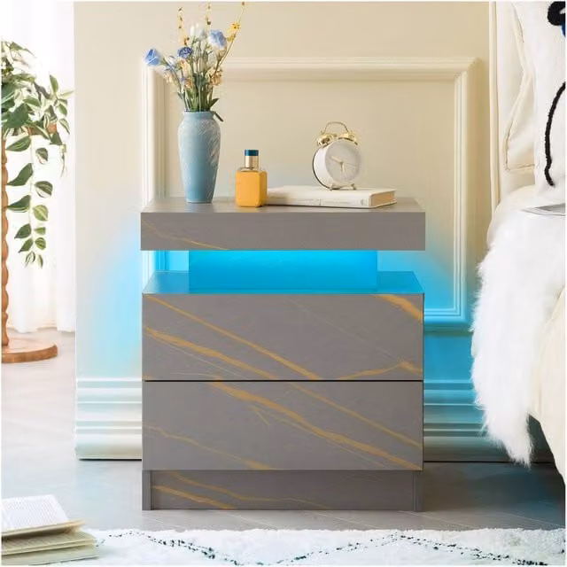 Matteo Modern LED Bedside Table Cabinet with 2 Drawers in Grey and Gold – 1