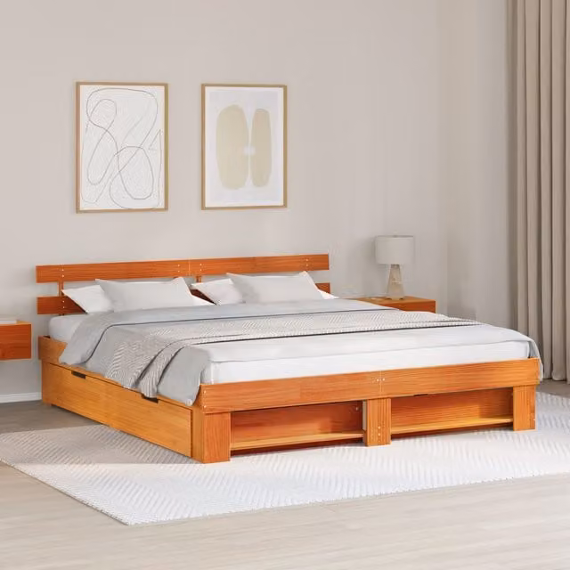 Berkfield Home Solid Pine Wood Bed with Storage Headboard and Drawer, Wax Brown, 200 x 200 cm – 1