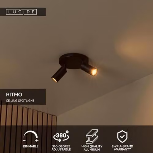 Lucide Ritmo Black Aluminium Ceiling Spotlight with 2x GU10 Dimmable LED Lamps, Diameter: 15 cm – 2