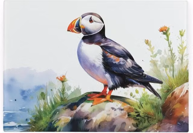 Purely Home Coastal Puffins Rectangular Glass Worktop Saver and Small Chopping Board in Black and Multicolour