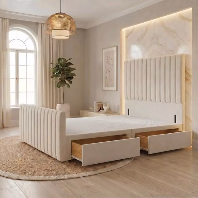 Somnior Eleanor Velvet Divan Base with 2 Drawers, 54 inch Headboard and 22 inch Footboard, Ivory, W/D/H: 200 x 200 cm