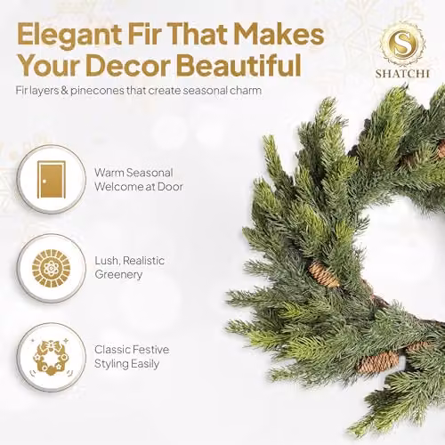 SHATCHI Green Fir Wreath with Pine Cones, 80 cm Diameter, Artificial Real Touch Christmas Wreath – 3