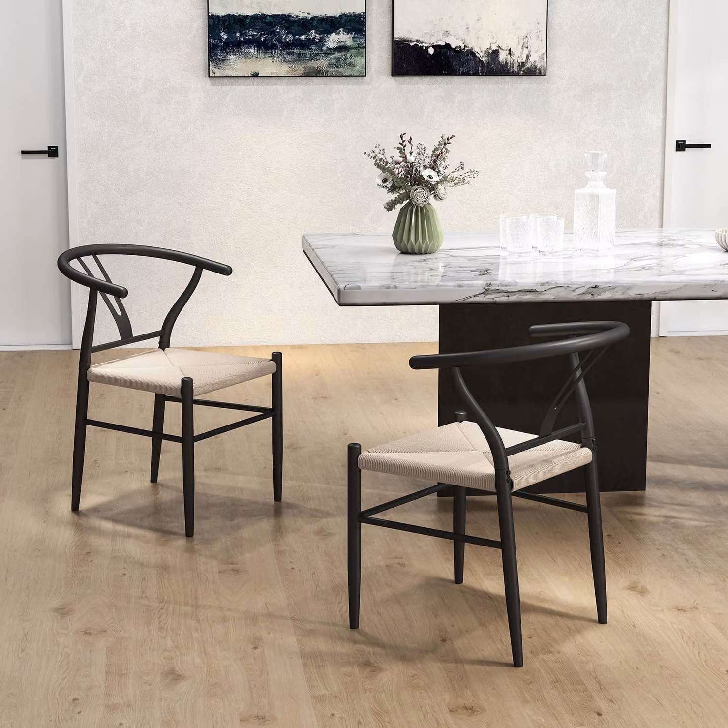 HOMCOM Set of Two Mid-Century Weave Dining Chairs with Y-Shaped Backrest and Hemp Seats in Black and Beige – 4