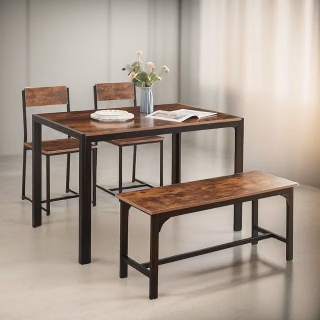 FURNOS Industrial Compact Dining Set with Rectangular Table, 1 Bench and 2 Chairs in Brown – 1