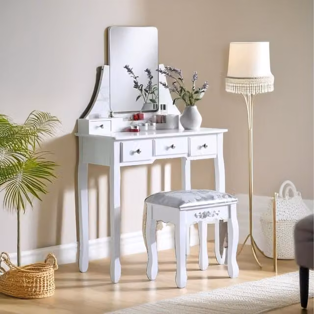 Pirlo Plush White Lacquered Dressing Table with Mirror and Stool, W: 138 cm, D: 40 cm, H: 80 cm