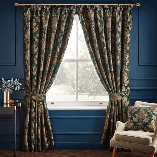 Paoletti Shiraz Floral Chenille Pencil Pleat Curtains, Green and Gold, H 229 cm x W 229 cm