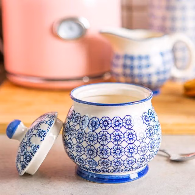 Nicola Spring Hand-Printed Ceramic Sugar Bowl in Blue, Diameter: 10 cm
