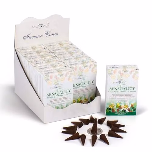 Ancient Wisdom Sensuality Incense Cones with Ylang Ylang, Nutmeg and Patchouli, 12 Pack with Metal Incense Holder, White and Brown
