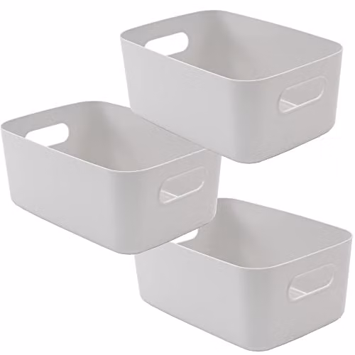 Tanness Set of 3 Stackable Plastic Storage Baskets with Handles, Grey – 1