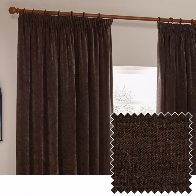 Make It A Home Brown Chenille Velvet Pencil Pleat Opaque Curtains, Width: 137 cm, Height: 117 cm