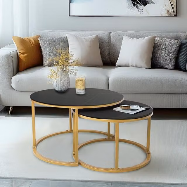 HYGRAD BUILT TO SURVIVE Set of 2 Round Nesting Coffee and End Tables in Black Vintage MDF Laminate and Metal