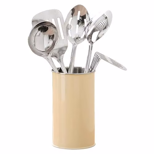Orsina 5-Piece Cream Enamel Kitchen Utensil Set with Stainless Steel Tools and Holder
