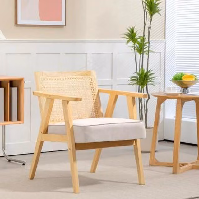 Chilli Seating Rustic Rattan Accent Chair with Armrests in Beige Fabric