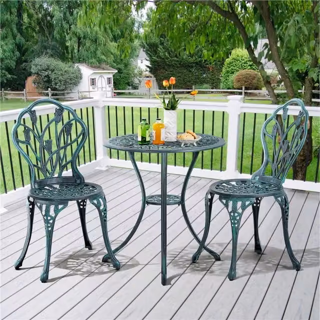 Yaheetech Retro Floral Outdoor Bistro Set with Umbrella Hole in Green and White Matt Metal