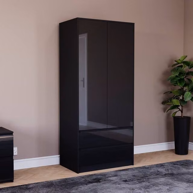 HD Designs Glinton Modern High Gloss 2 Door 2 Drawer Wardrobe in Black