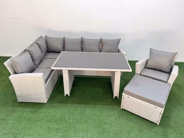 Fimous 8 Seater Wicker Rattan Corner Sofa Set with Armchair and Footstool in Light Grey