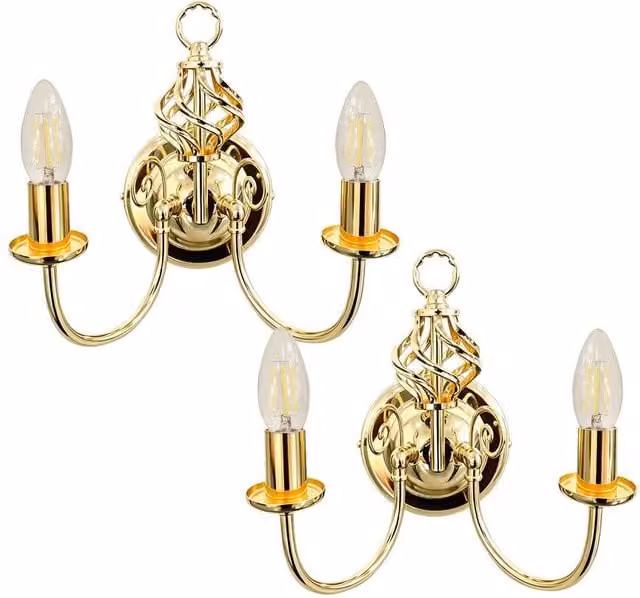 First Choice Lighting Barley Twist Set of 2 Polished Brass Wall Lights in Gold