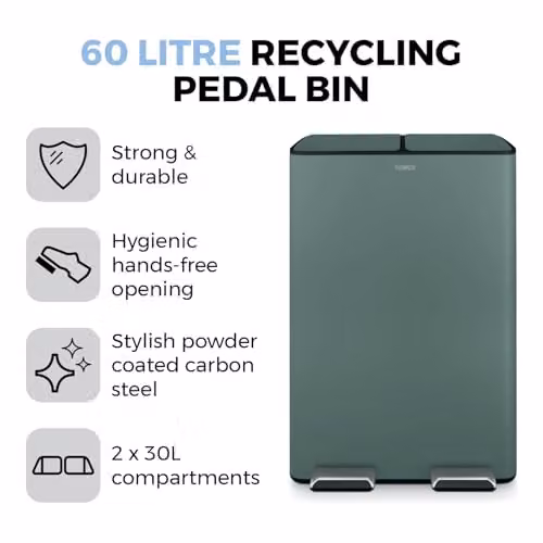 Tower 60L Recycling Pedal Bin with Two 30L Removable Inner Buckets, Green Coated Steel – 2