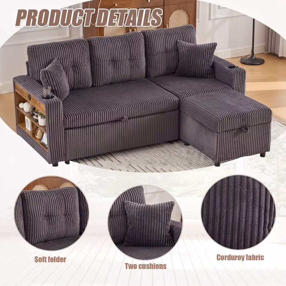 Rolipo Grey Corduroy Pull-Out Sofa Bed with Storage, USB Charging and LED Lighting – 4