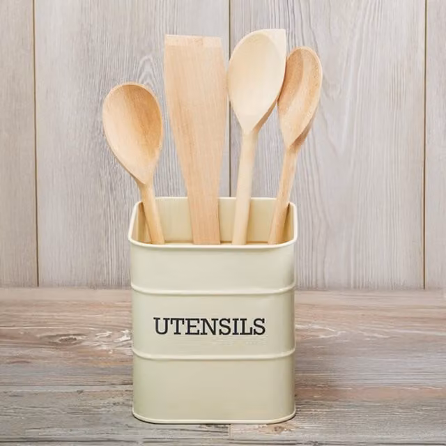 Living Nostalgia Antique Cream Metal Utensil Pot in Beige and White