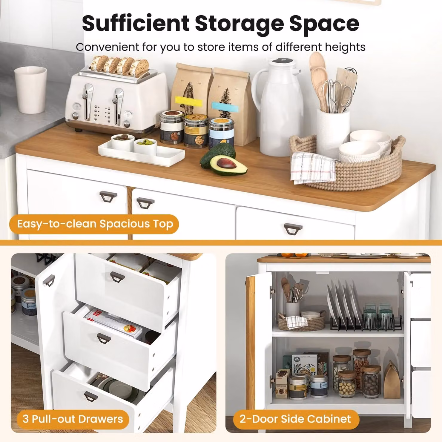 Costway White Wooden Buffet Cabinet with 2 Doors and 3 Pull-out Drawers – 3