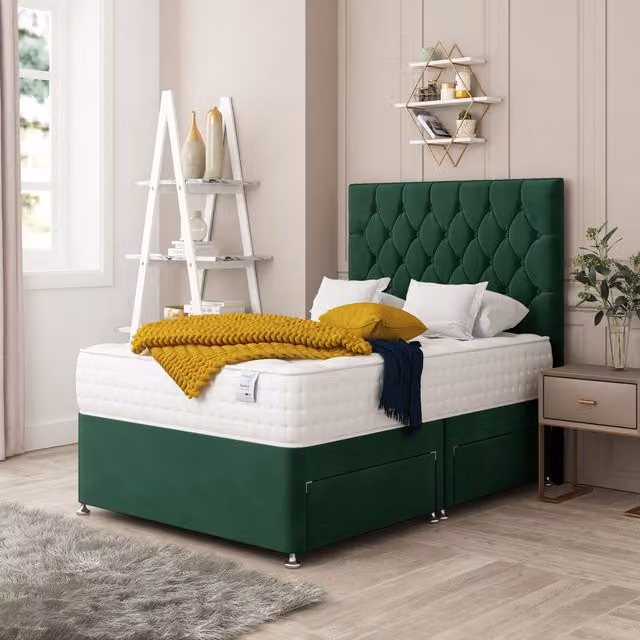 Bed Choices Monaco Bed Set with Mattress and Headboard in Emerald Green Velvet, W/D/H: 90 x 190 cm
