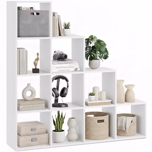 tectake Modern White Bookcase with 10 Tiered Open Cube Compartments, H 130 x W 130 x D 29 cm