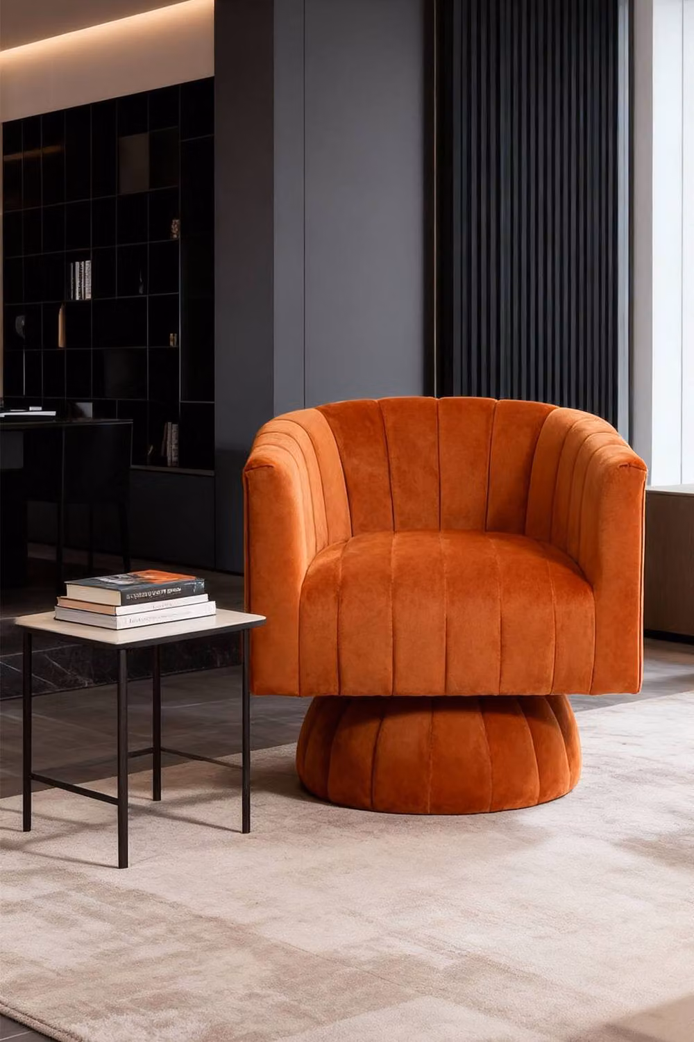 Living and Home Orange Velvet Upholstered 360 Swivel Tub Accent Armchair – 2