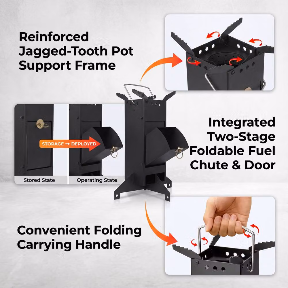 Crystals Heavy Duty Rocket Wood Burning Stove Portable Camping Cooker in Black – 6