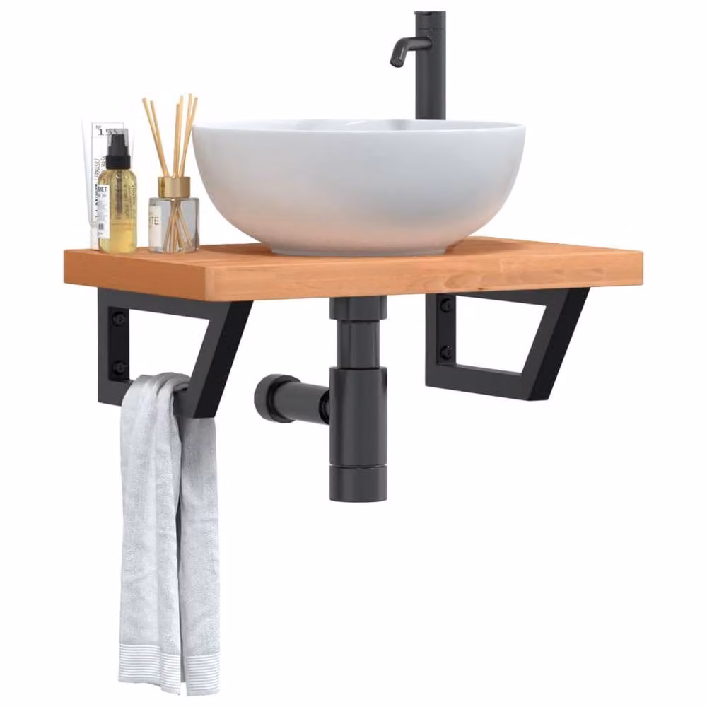 Berkfield Home Wall Mounted Basin Shelf in Brown Steel and Solid Beech Wood – 2