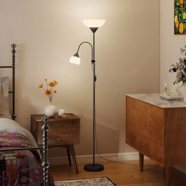 EONLION Modern Black Floor Lamp with Round Base and Dual Switches