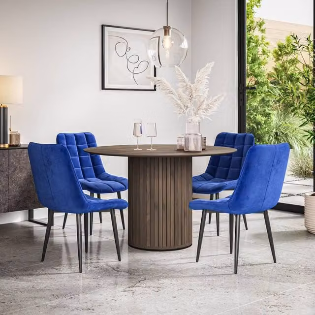 More4Homes Arlo Walnut Round Dining Table and 6 Blue Nova Velvet Dining Chairs Set